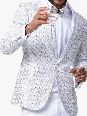 Men's White Silver Patterned Tuxedo Blazer